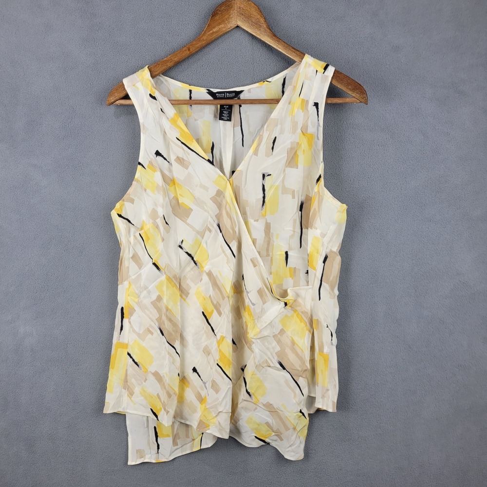 White House Black Market Tank Top Womens Large Yellow Geometric Silk V Neck